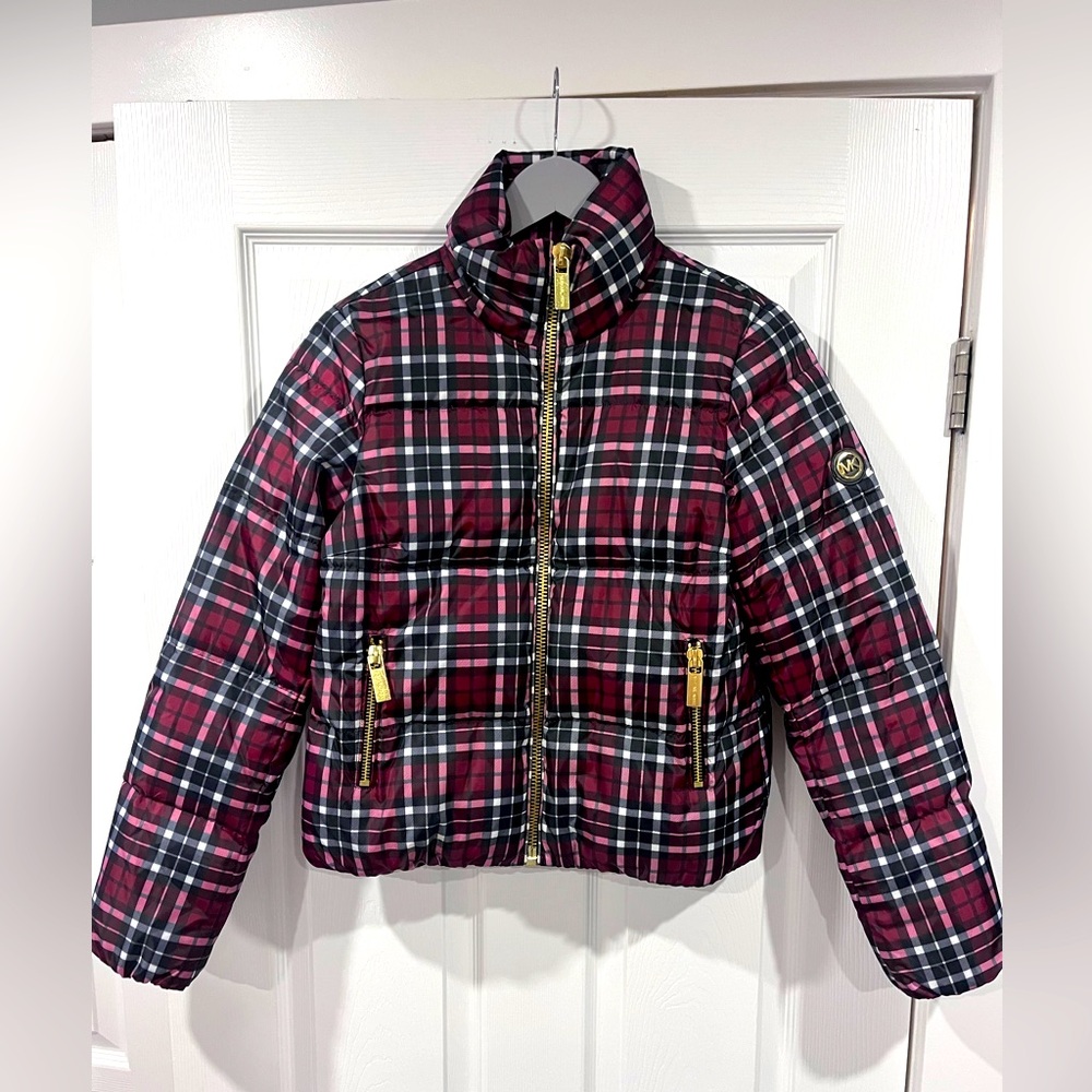 MICHAEL Michael Kors plaid cropped puffer jacket with gold accents - XS